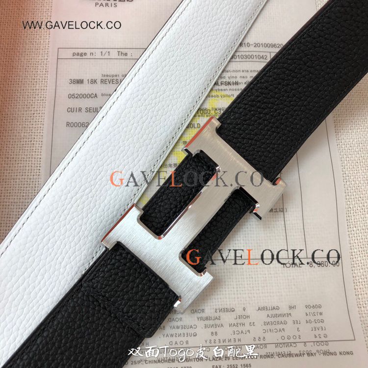 Copy Hermes Epsom White&Black Double-sided Belt Gold Brushed buckle